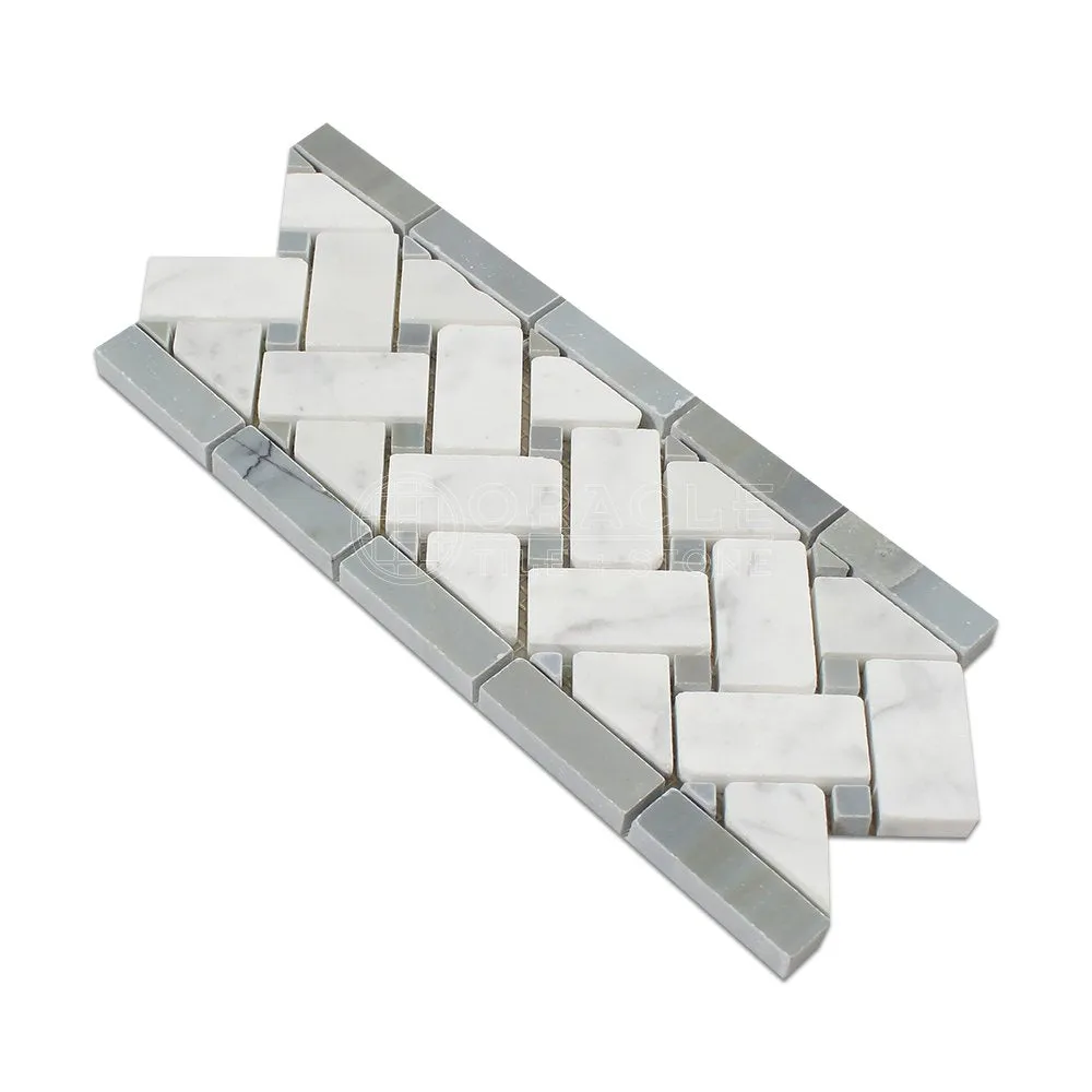 Carrara White Italian (Bianco Carrara) Marble Basketweave Mosaic Tile with Blue & Gray Marble Dots, Polished