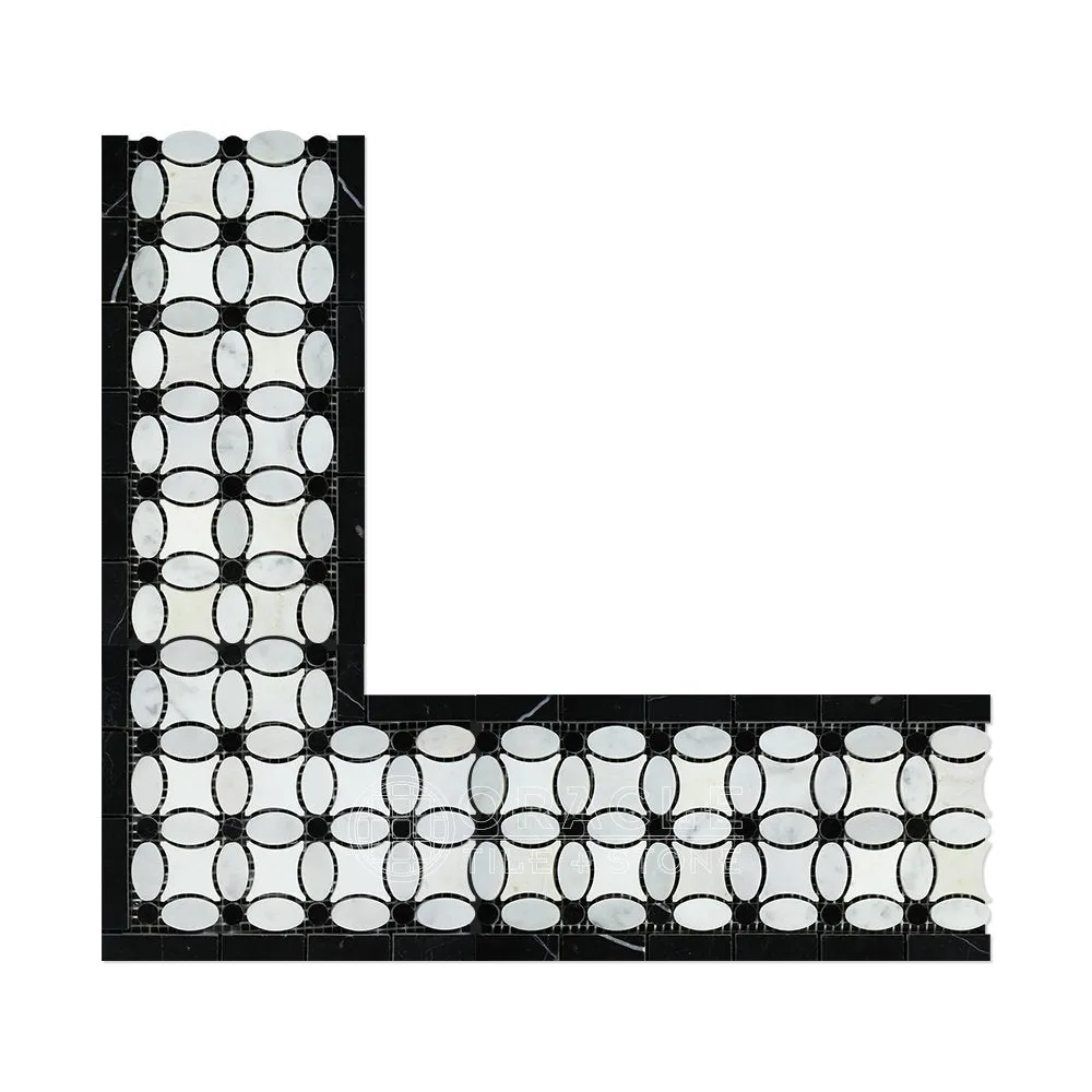 Carrara White Italian (Bianco Carrara) Marble Florida Flower Border Corner (with Black Marble, Polished)