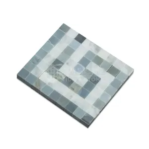 Carrara White Italian (Bianco Carrara) Marble Greek Key Border Corner (with Blue & Gray Marble, Polished)