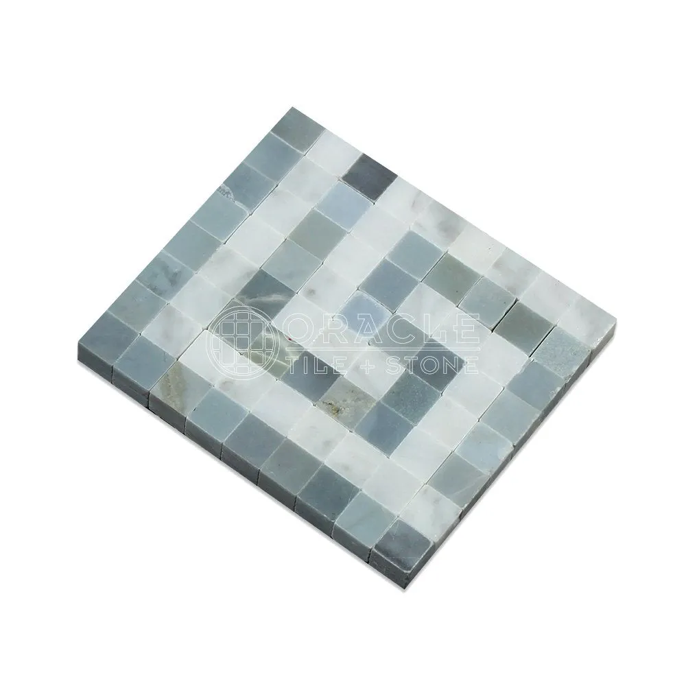 Carrara White Italian (Bianco Carrara) Marble Greek Key Border Corner (with Blue & Gray Marble, Polished)