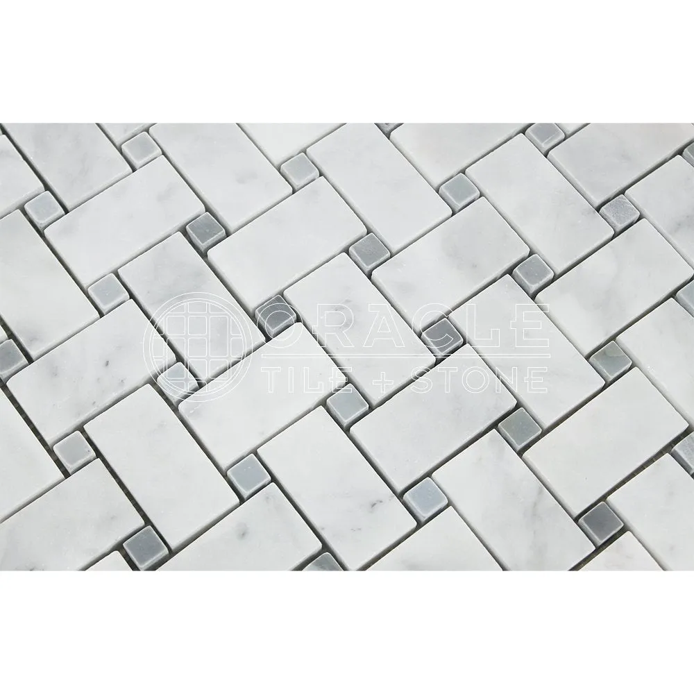 Carrara White Italian (Bianco Carrara) Marble Large Basketweave Mosaic Tile with Blue & Gray Marble Dots, Polished