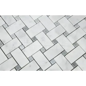 Carrara White Italian (Bianco Carrara) Marble Large Basketweave Mosaic Tile with Blue & Gray Marble Dots, Polished