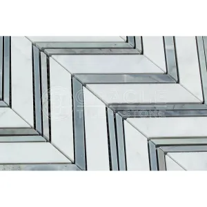 Carrara White Italian (Bianco Carrara) Marble Large Chevron Mosaic Tile with Blue & Gray Marble Strips, Polished