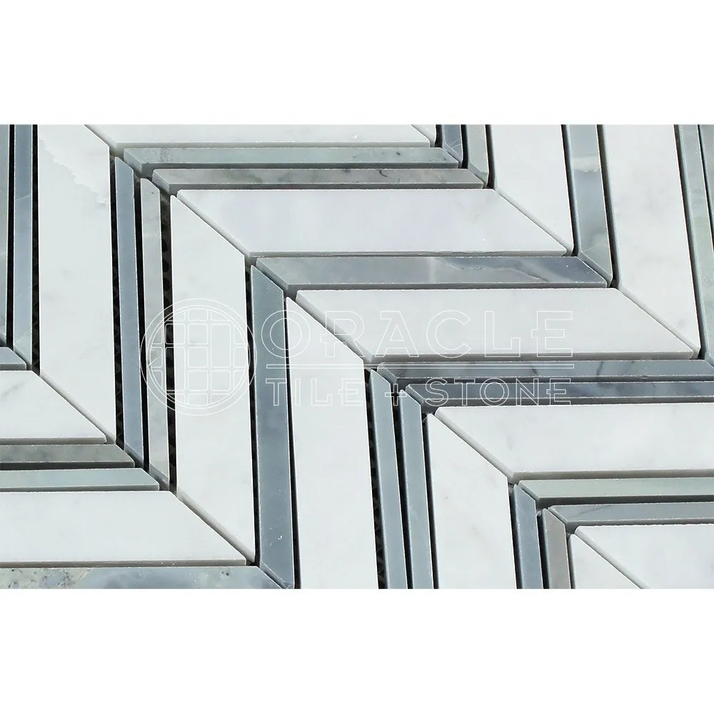 Carrara White Italian (Bianco Carrara) Marble Large Chevron Mosaic Tile with Blue & Gray Marble Strips, Polished