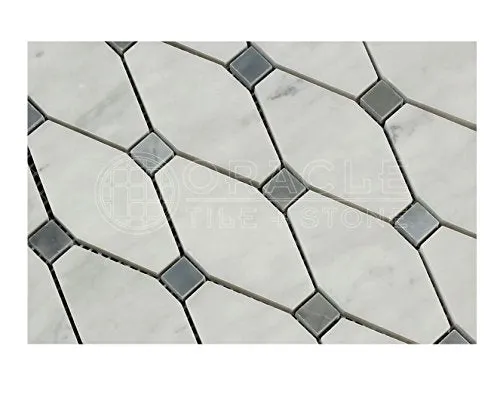 Carrara White Italian (Bianco Carrara) Marble Octave Pattern Mosaic Tile (Blue & Gray Marble Dots, Polished)