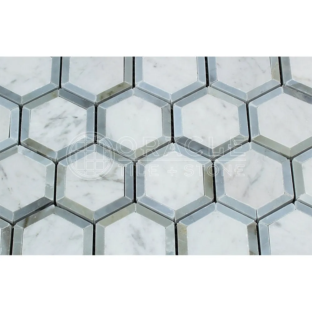 Carrara White Italian (Bianco Carrara) Marble Vortex Hexagon with Blue & Gray Strips, Polished
