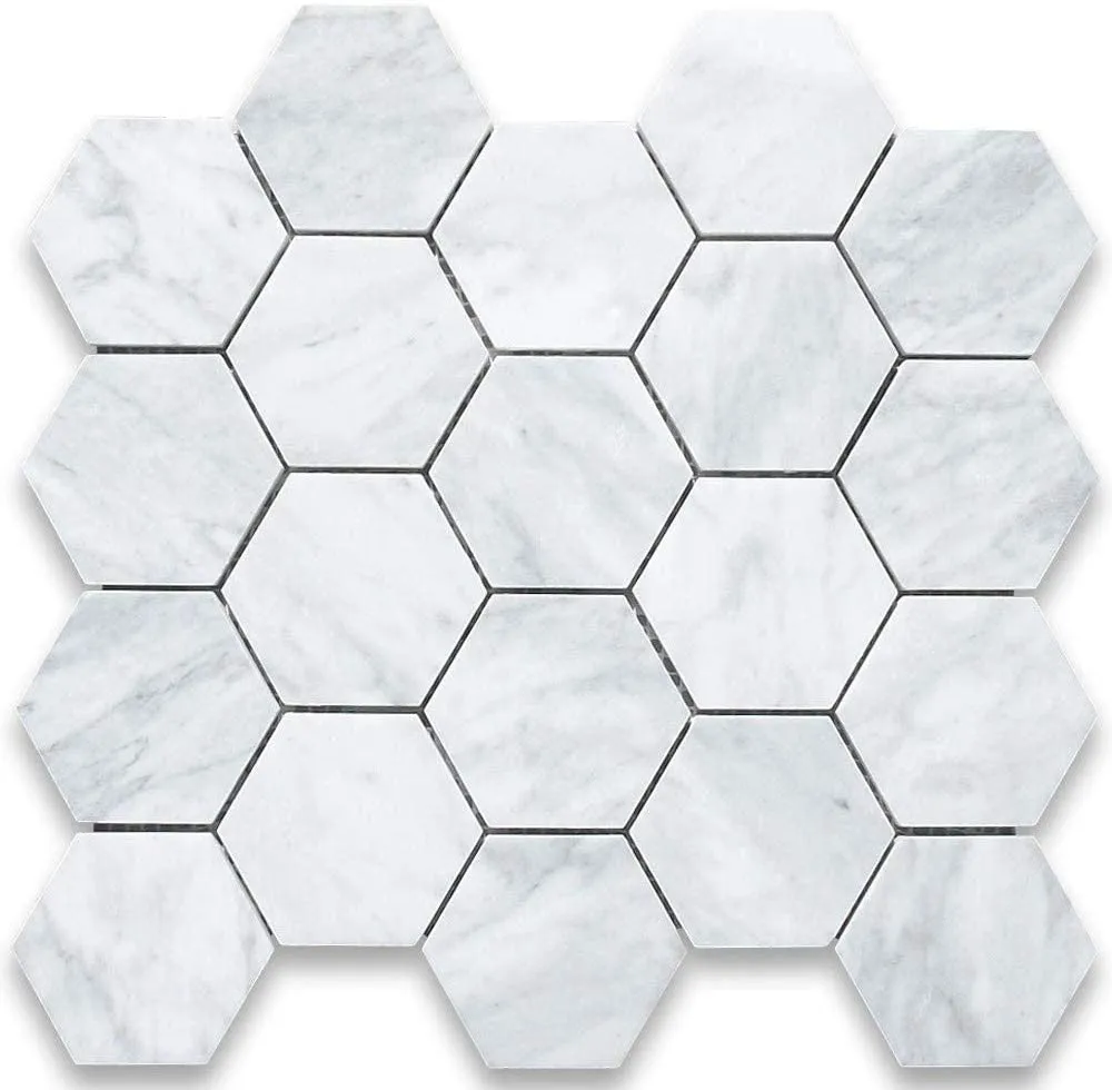 Carrara White Italian Carrera Marble Hexagon Mosaic Tile 3 inch Polished