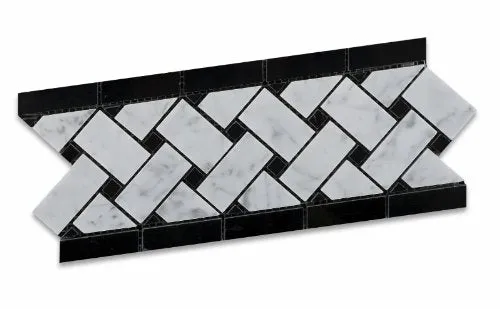 Carrara White Marble Polished Basketweave Border Listello - 5" Long Sample