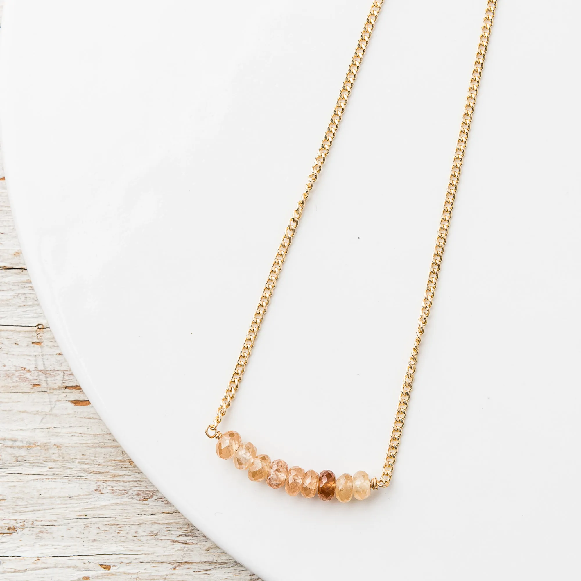 Champagne Zircon Arch Necklace on Gold Curb Chain