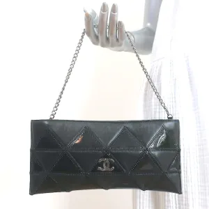 Chanel 2003 CC Chain Strap Flat Bag Black Triangle Quilted Patent & Leather