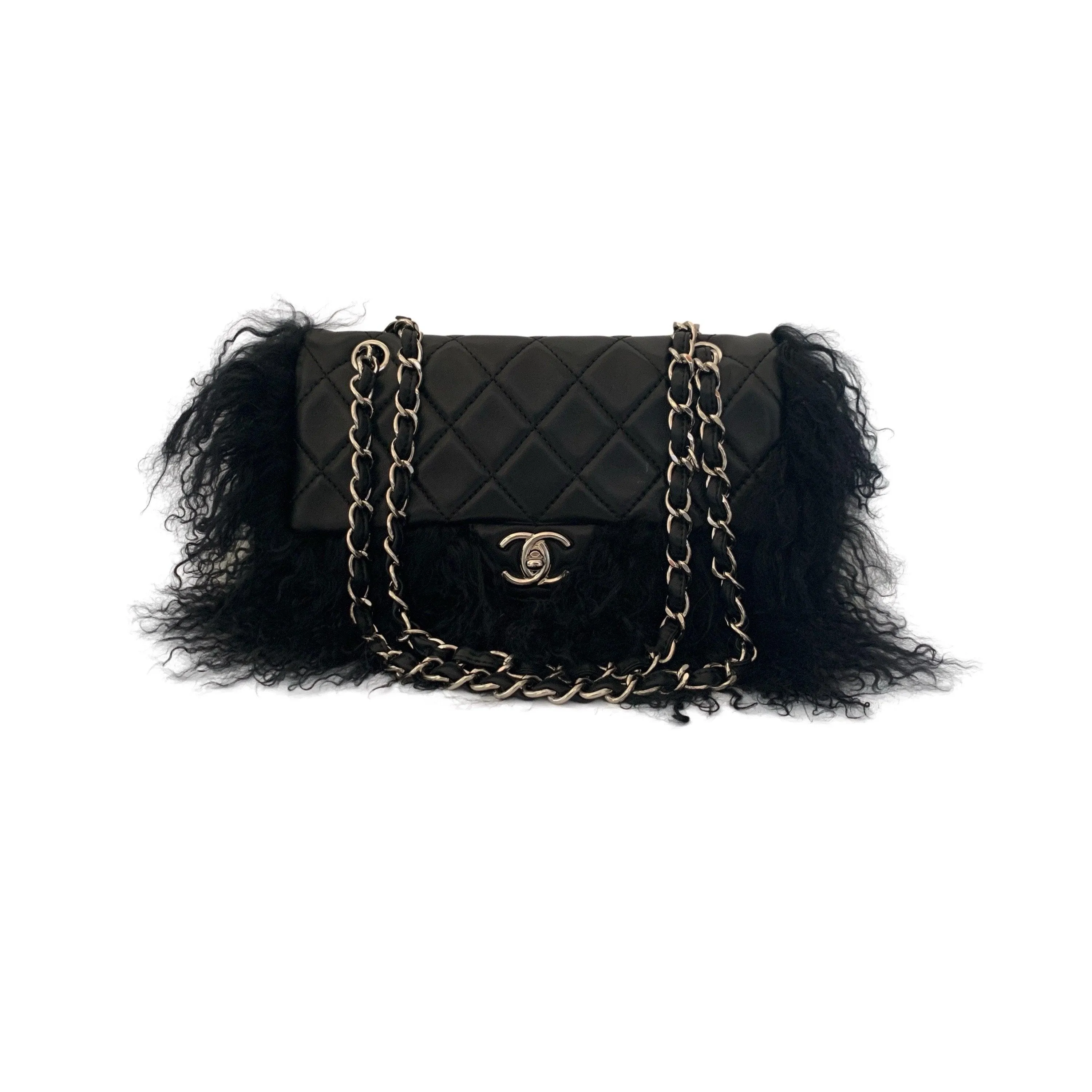 Chanel Black Fur Chain Flap Bag