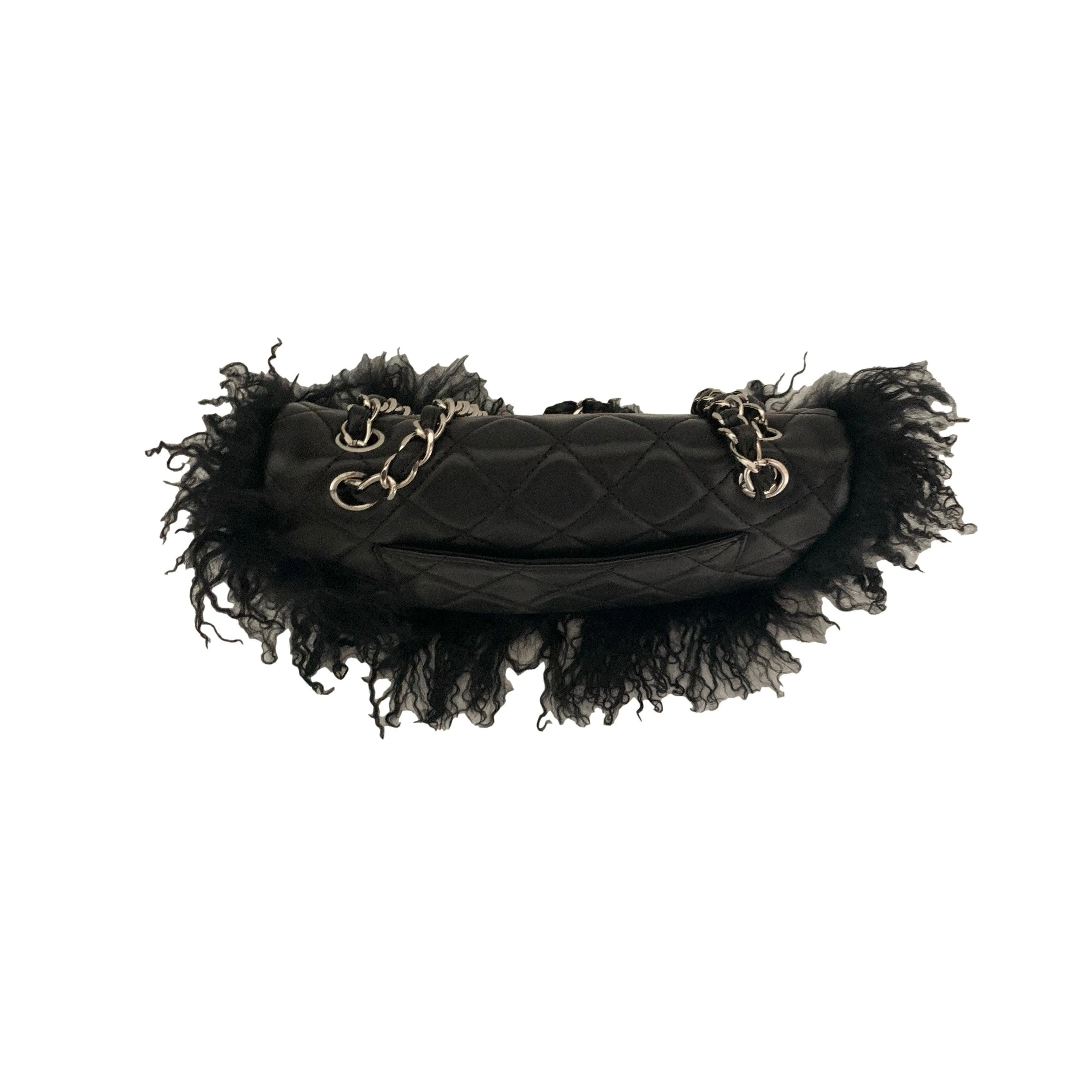 Chanel Black Fur Chain Flap Bag
