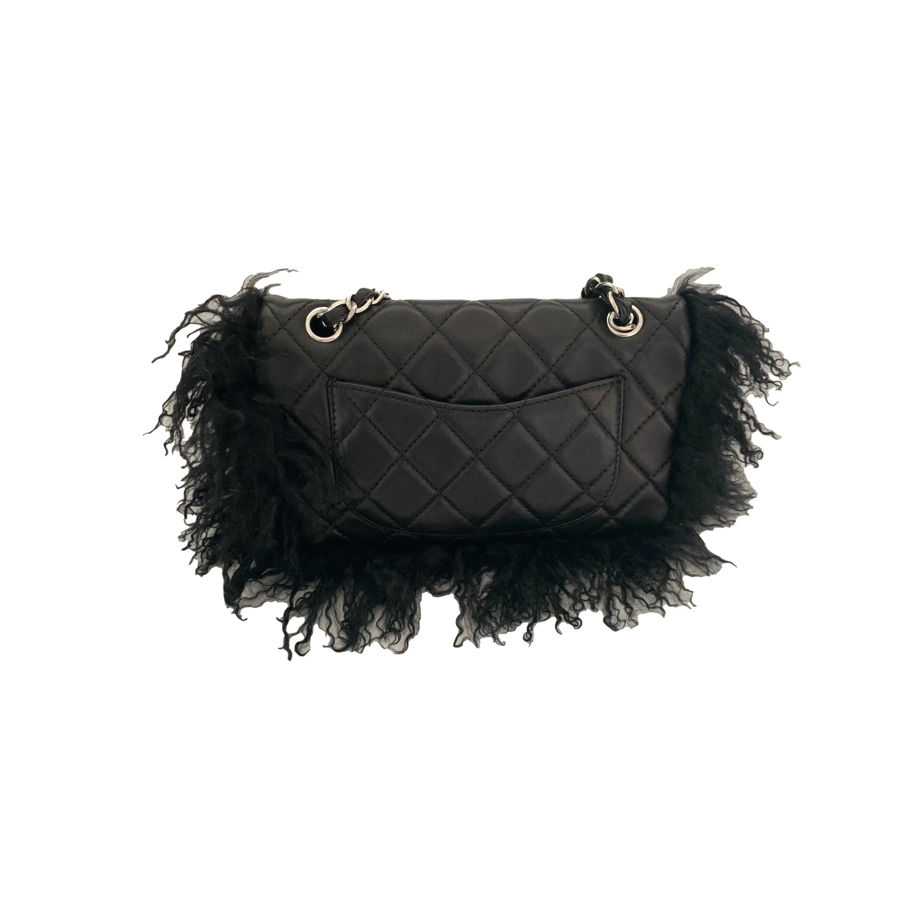 Chanel Black Fur Chain Flap Bag