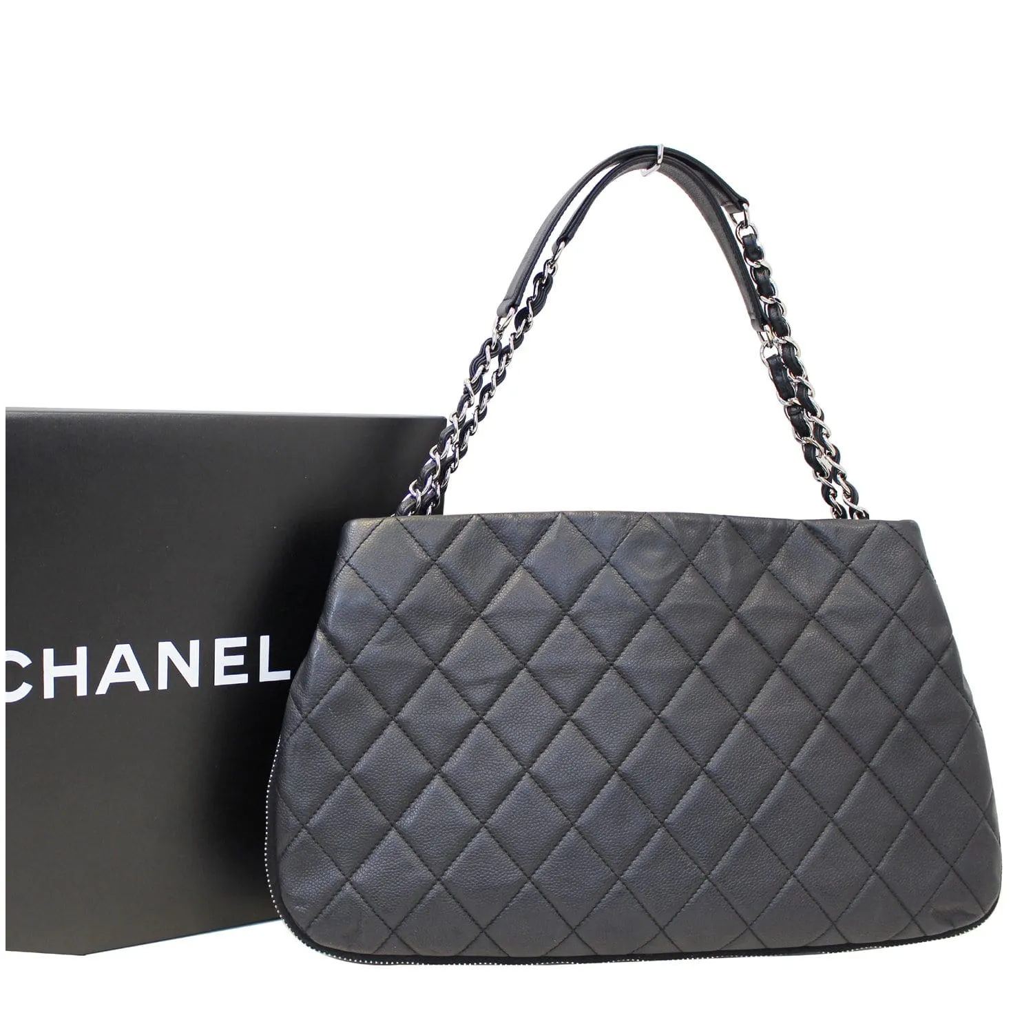 CHANEL Black Quilted Caviar Leather Zip Around Tote Bag