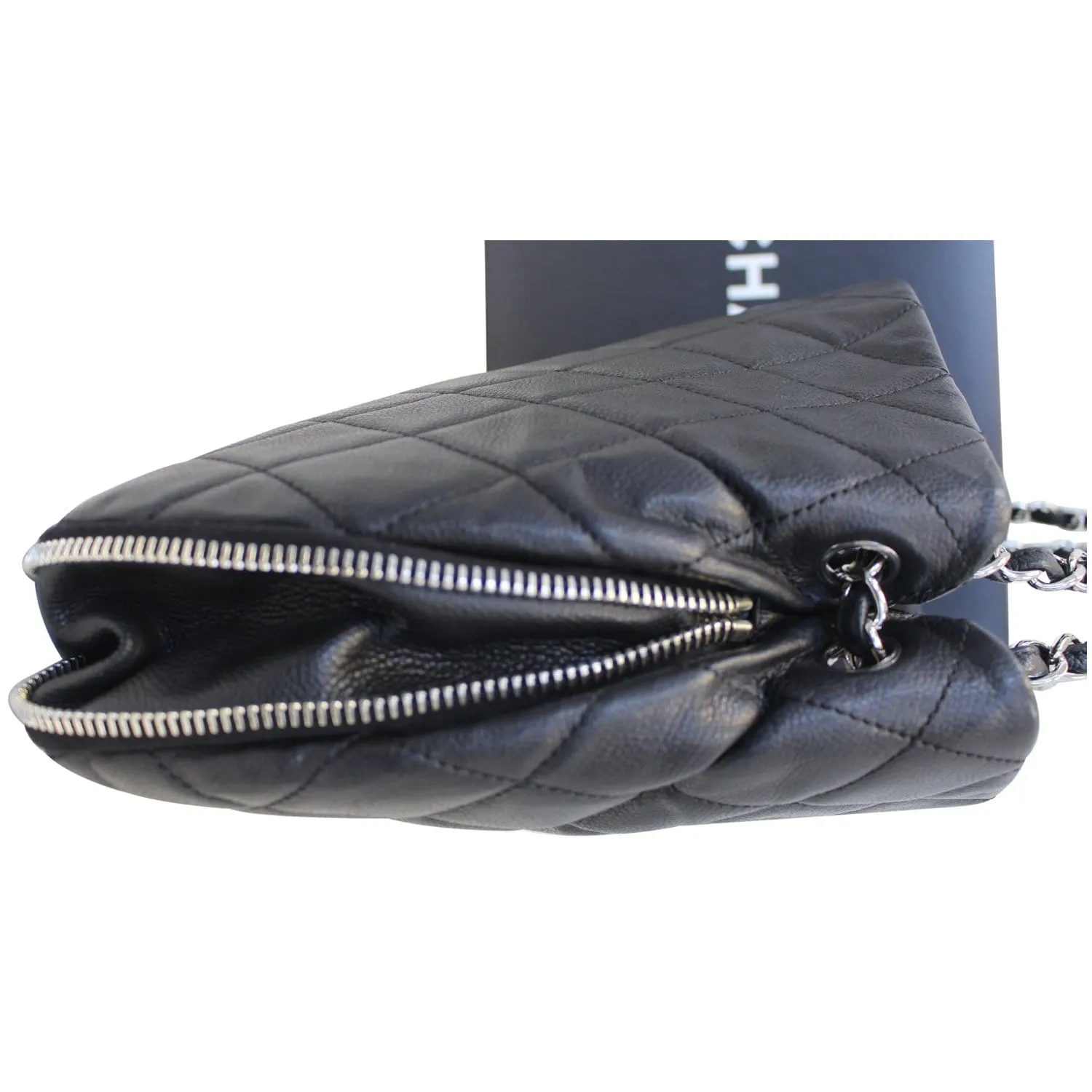 CHANEL Black Quilted Caviar Leather Zip Around Tote Bag