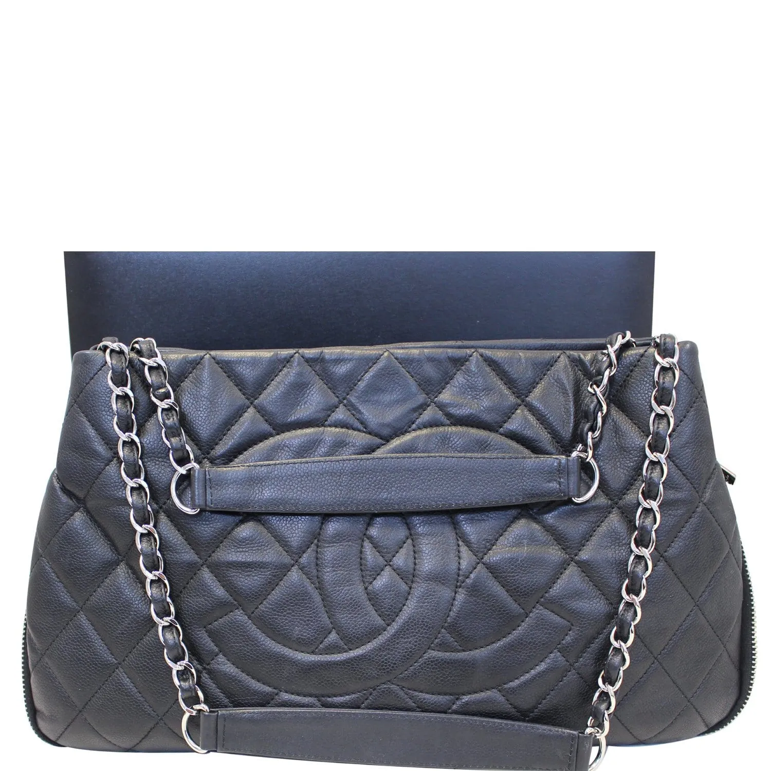 CHANEL Black Quilted Caviar Leather Zip Around Tote Bag