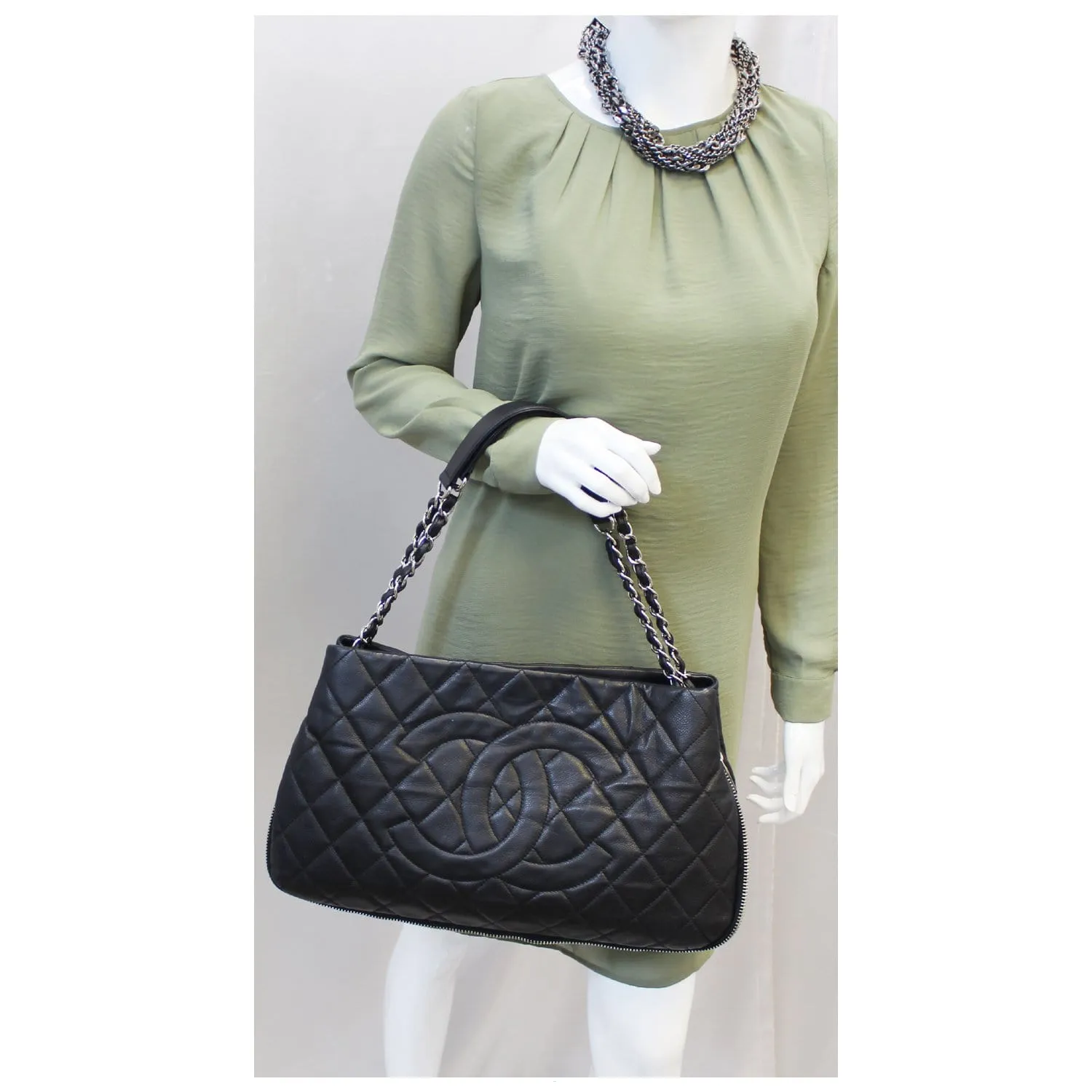 CHANEL Black Quilted Caviar Leather Zip Around Tote Bag