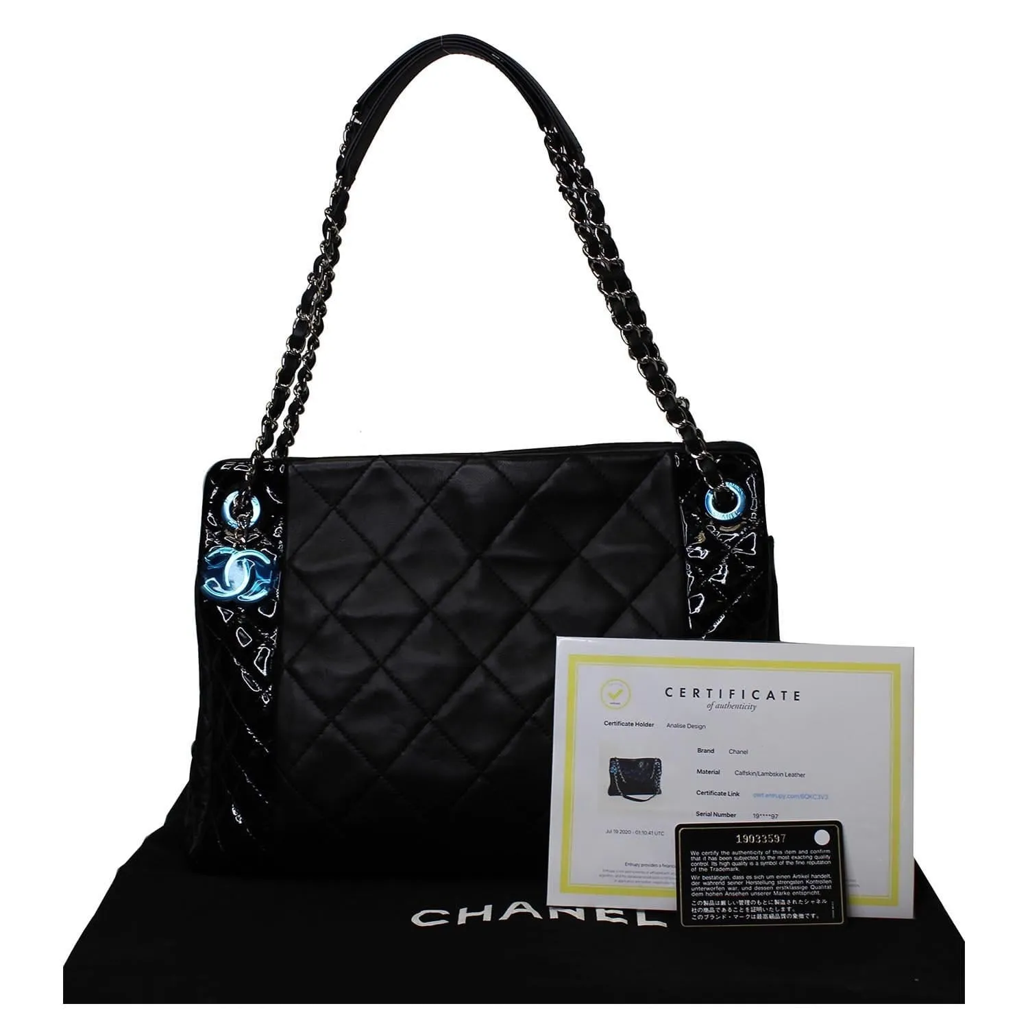 CHANEL CC Charm Quilted Lambskin Patent Leather Tote Bag Black