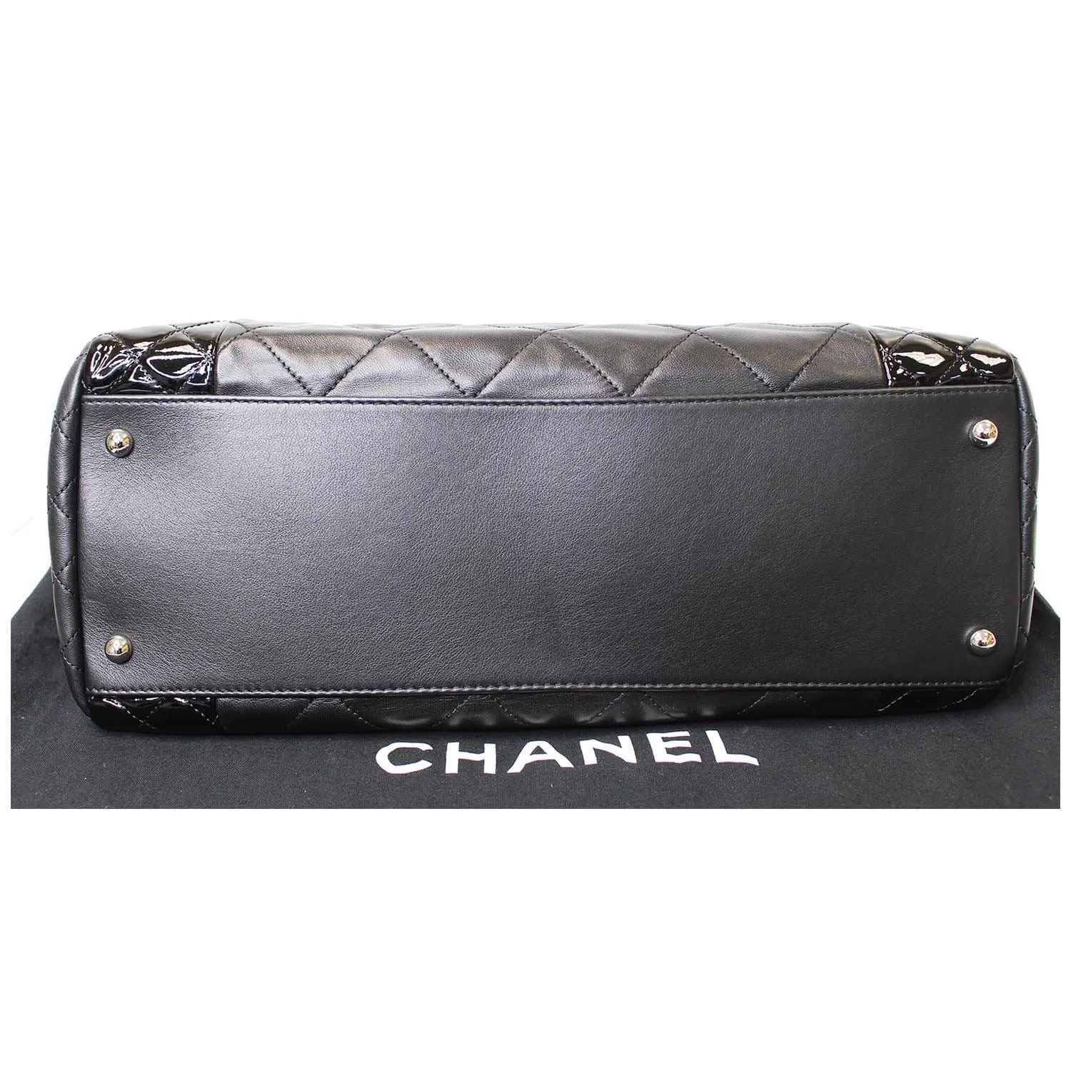 CHANEL CC Charm Quilted Lambskin Patent Leather Tote Bag Black