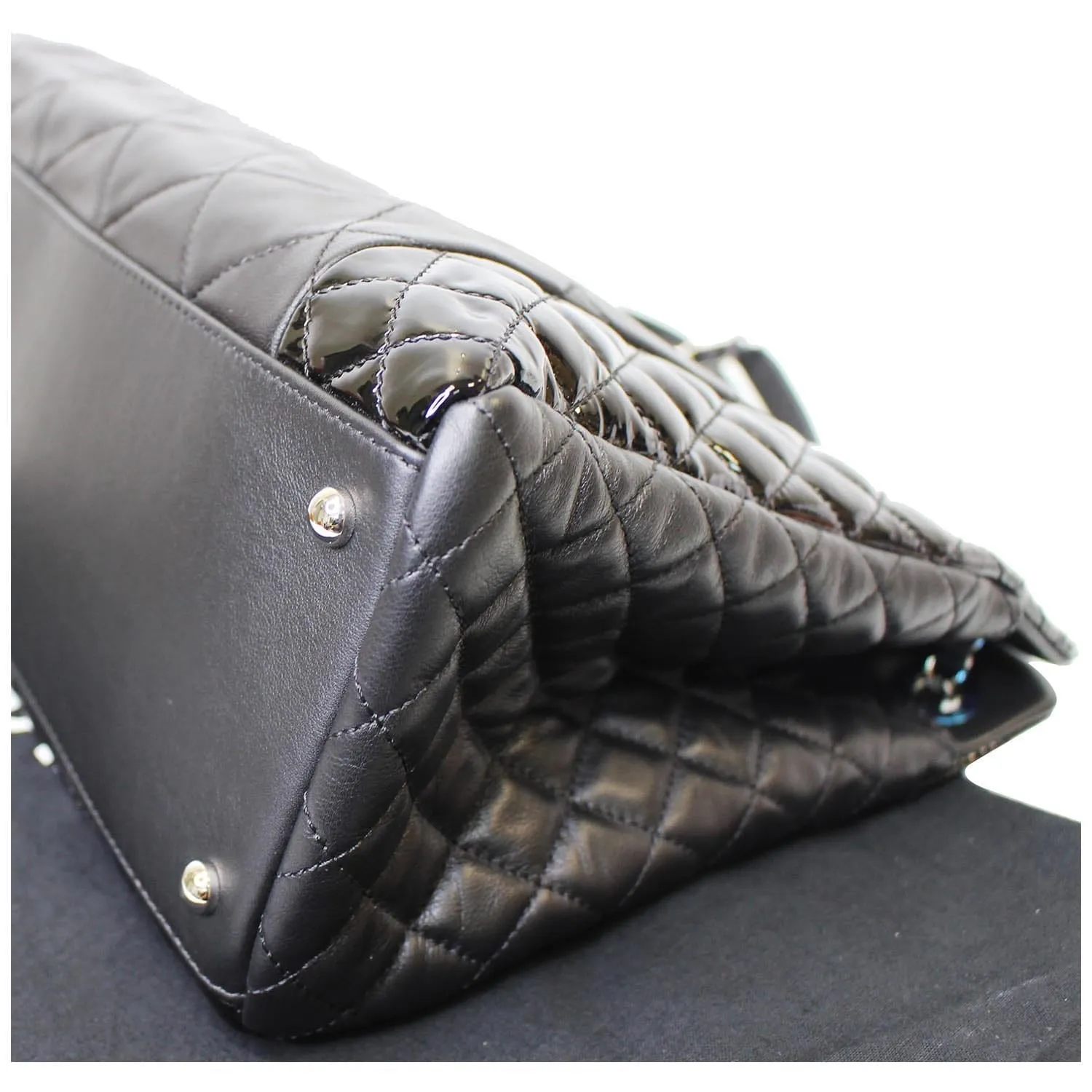 CHANEL CC Charm Quilted Lambskin Patent Leather Tote Bag Black