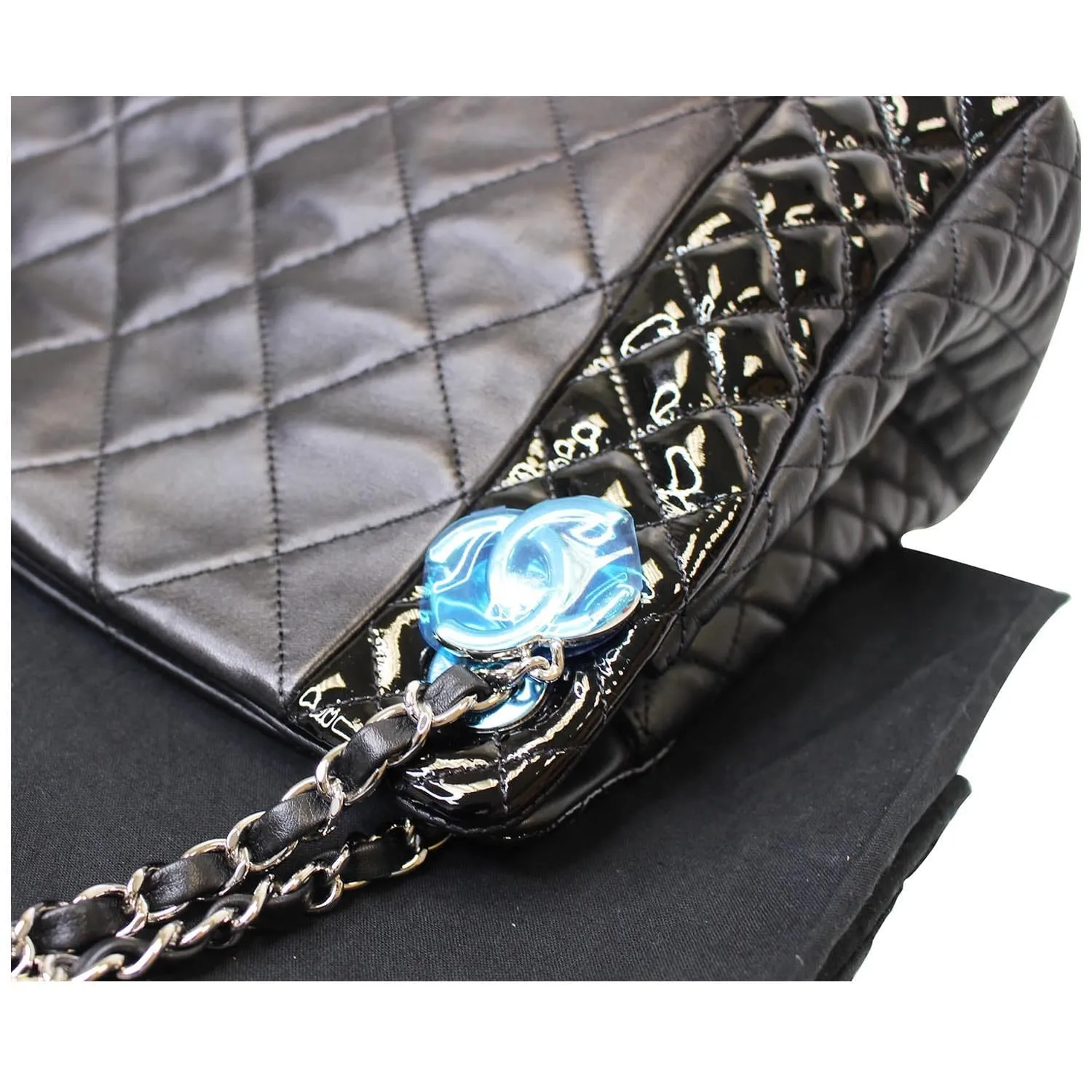 CHANEL CC Charm Quilted Lambskin Patent Leather Tote Bag Black