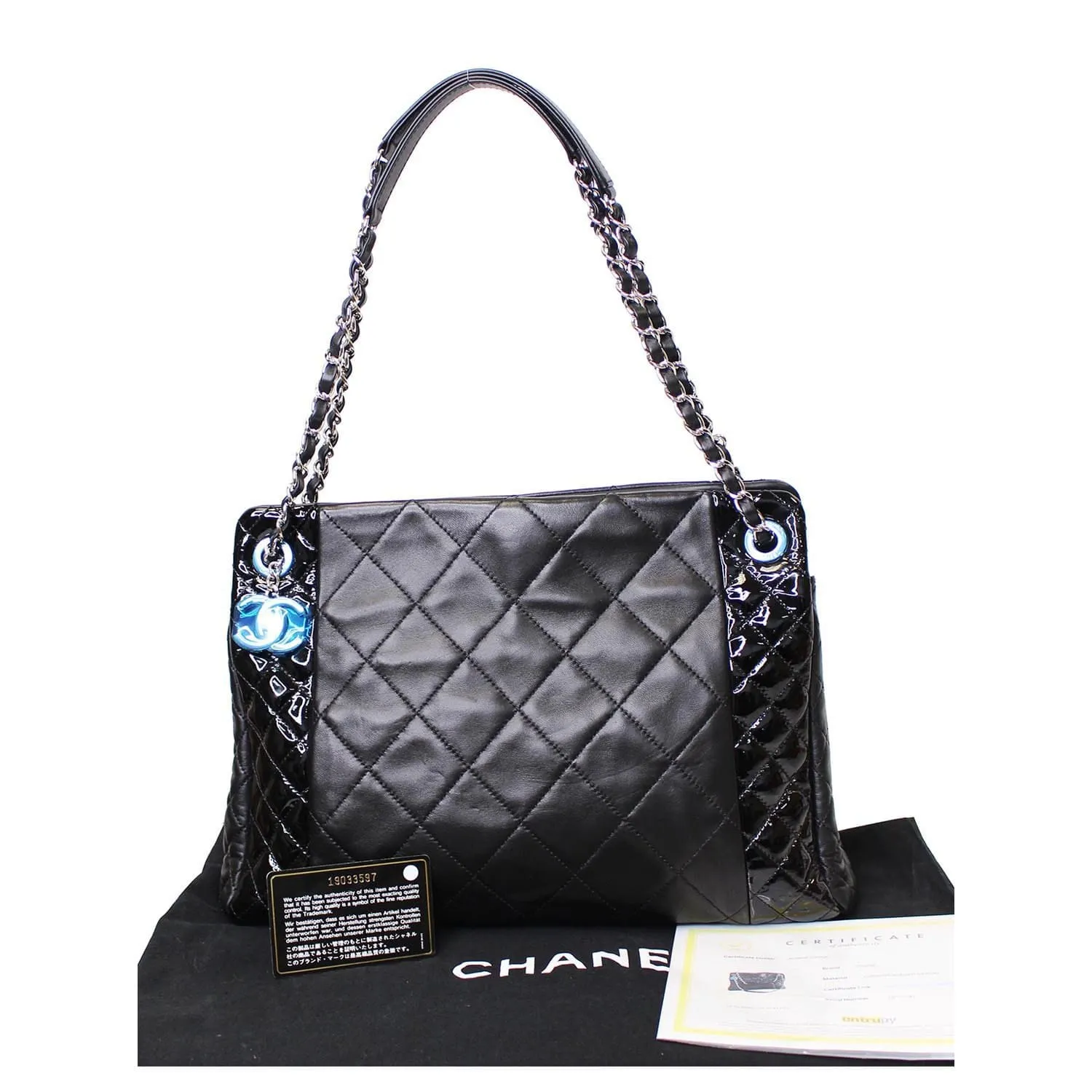 CHANEL CC Charm Quilted Lambskin Patent Leather Tote Bag Black