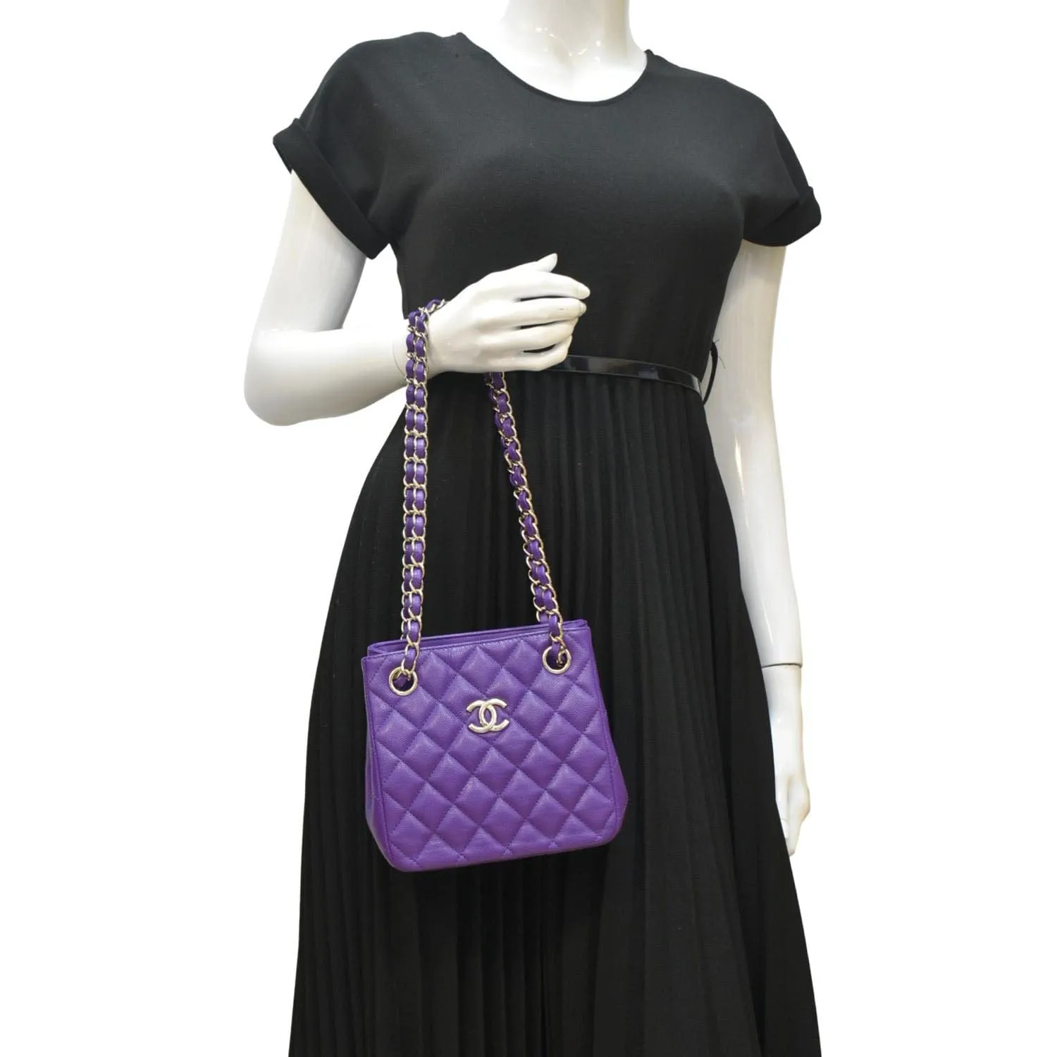 CHANEL CC Quilted Caviar Leather Tote Bucket Bag Purple