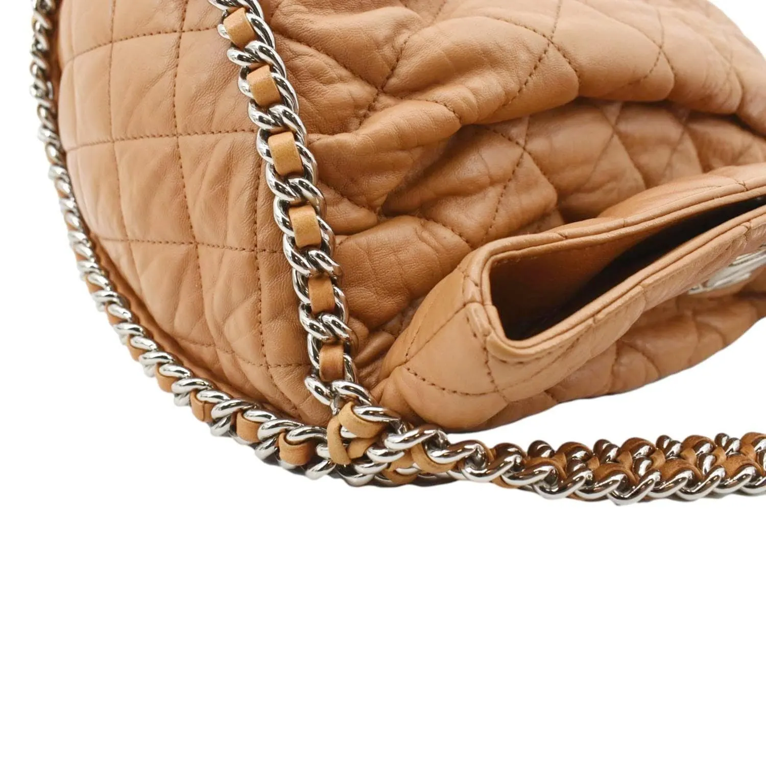 CHANEL Chain Around Quilted Lambskin Leather Hobo Bag Beige
