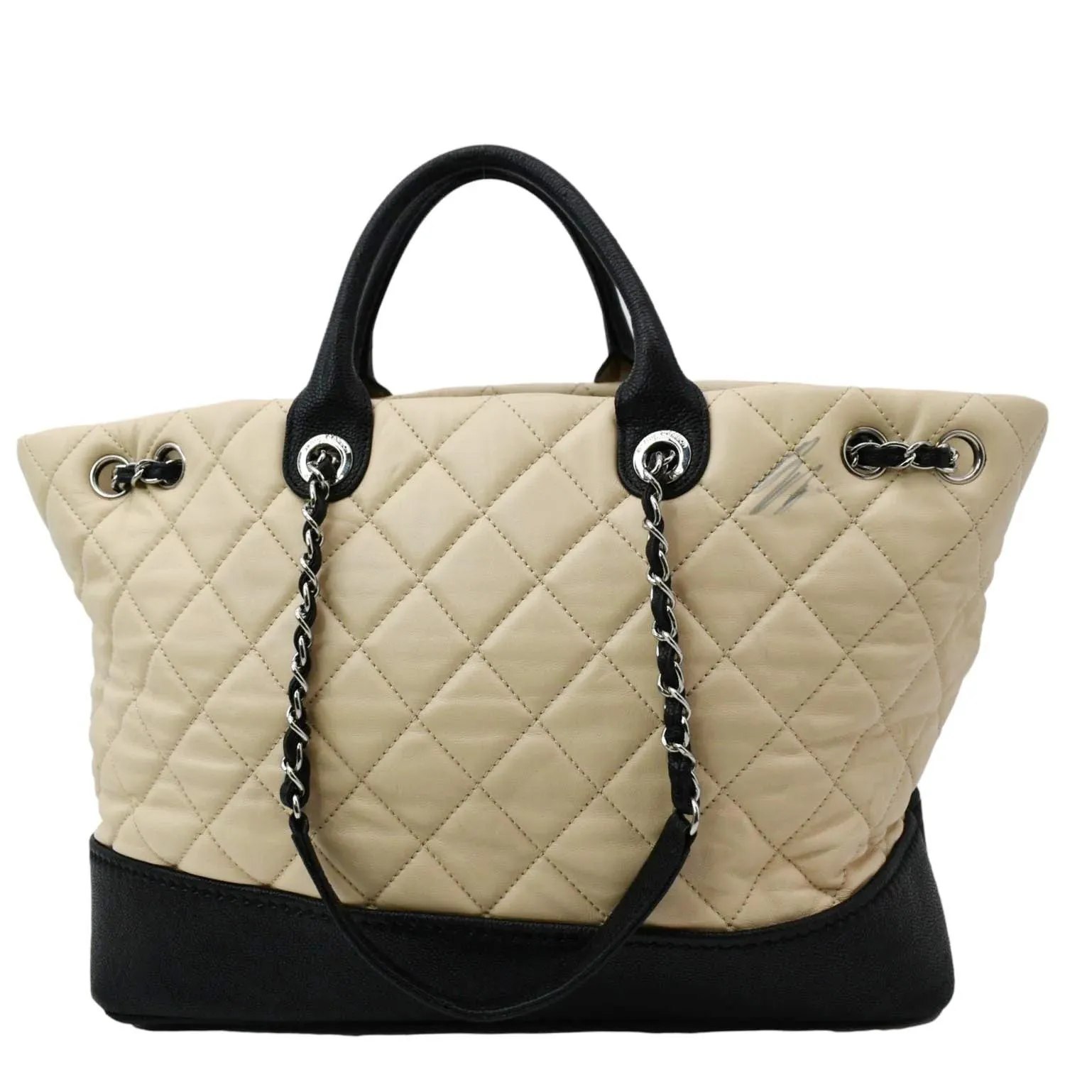 CHANEL Drawstring Large Quilted Calfskin & Caviar Shopping Tote Bag Beige