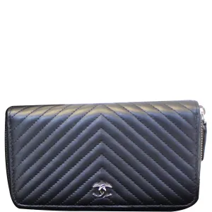 CHANEL Lambskin Chevron Zip Around Wallet Black