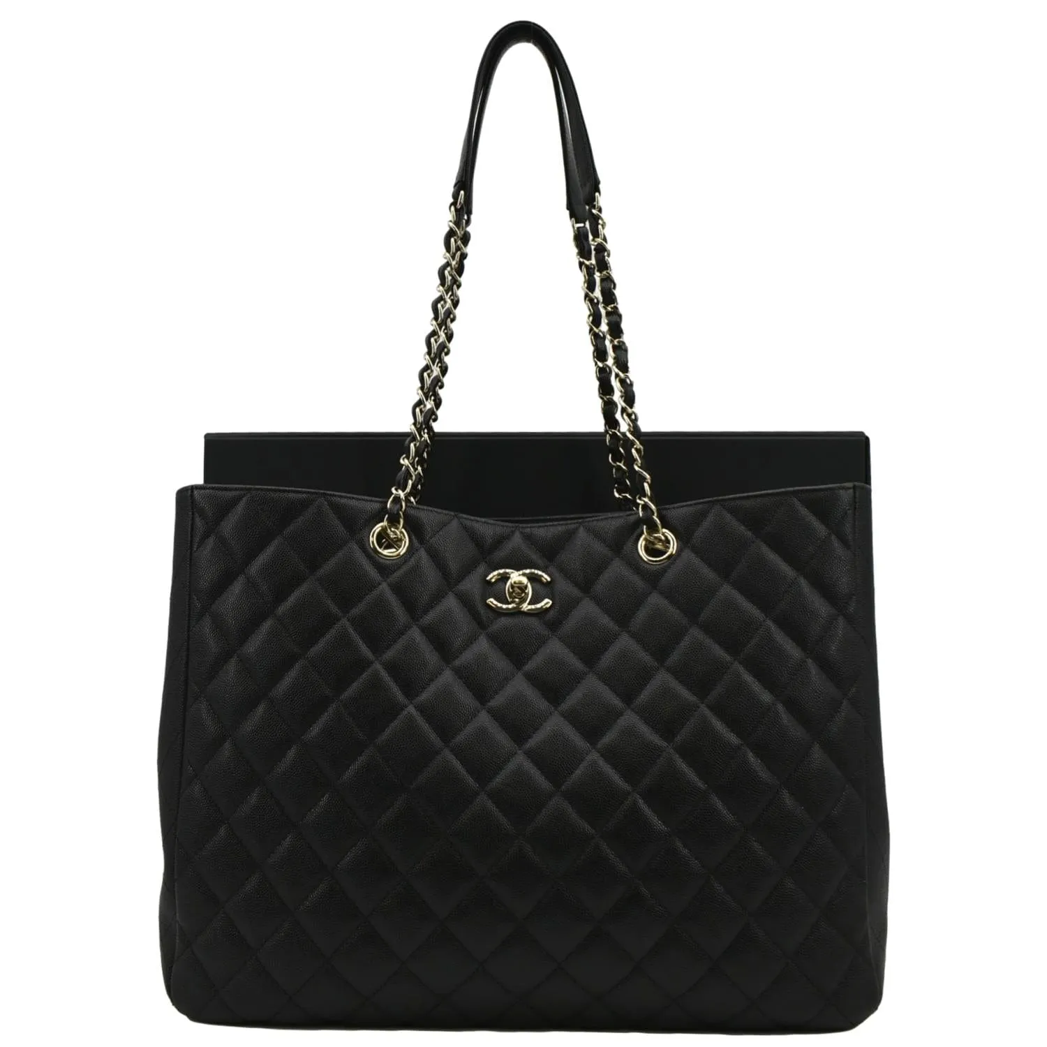 CHANEL Large CC Quilted Leather Tote Shoulder Bag Black