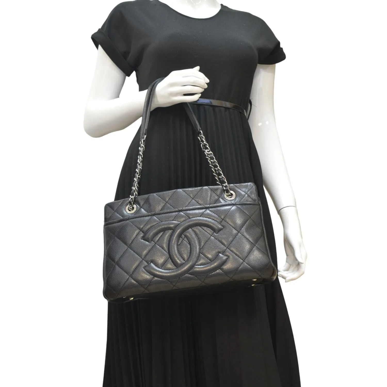 CHANEL Timeless CC Soft Quilted Caviar Leather Shopping Tote Bag Black