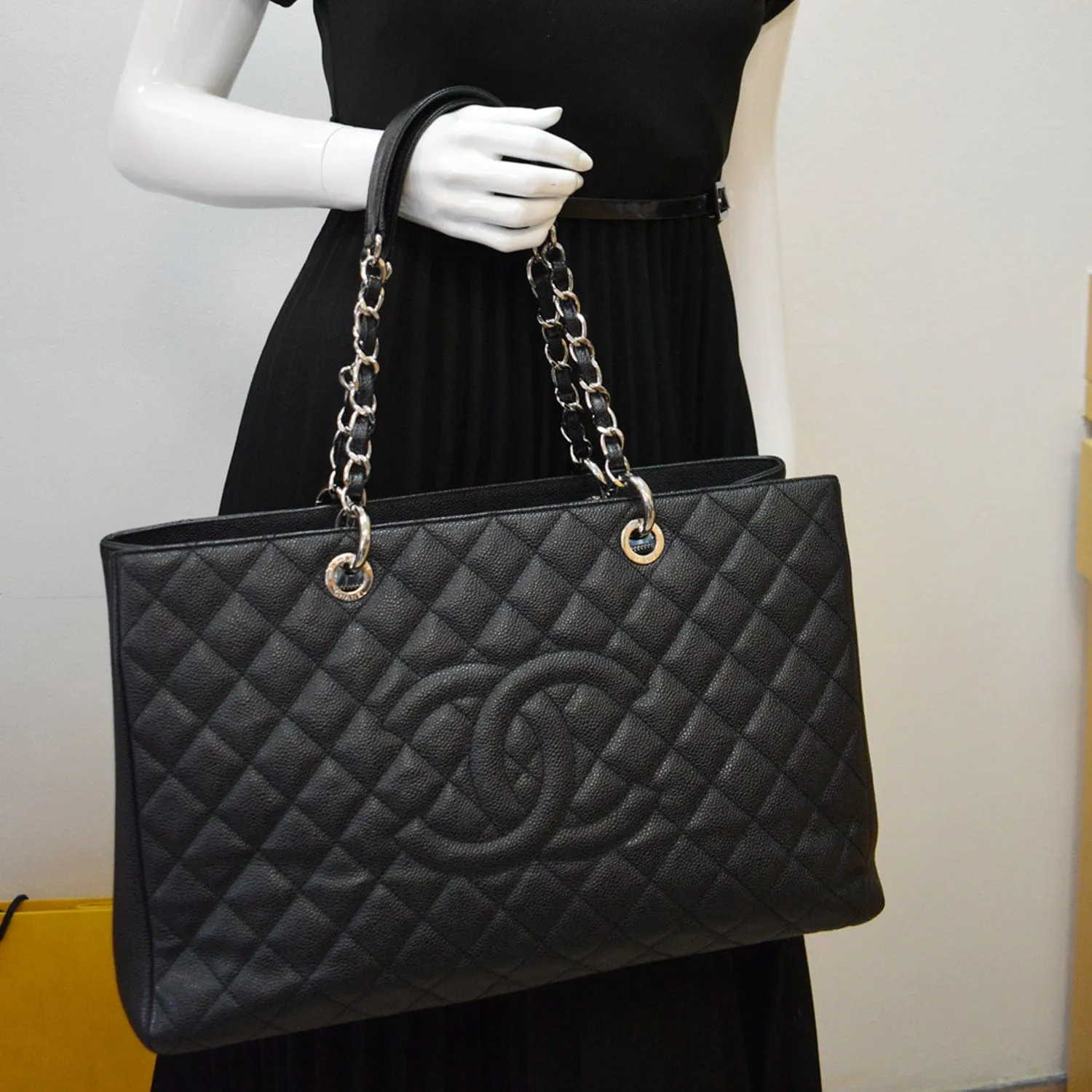 CHANEL XL Grand Quilted Caviar Leather Shopping Tote Bag Black