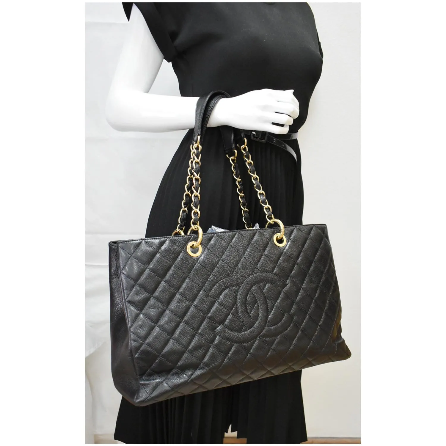 CHANEL XL Grand Quilted Caviar Leather Shopping Tote Bag Black