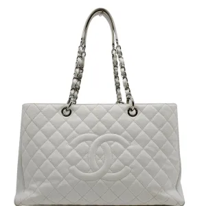 CHANEL XL Grand Quilted Caviar Leather Shopping Tote Bag White