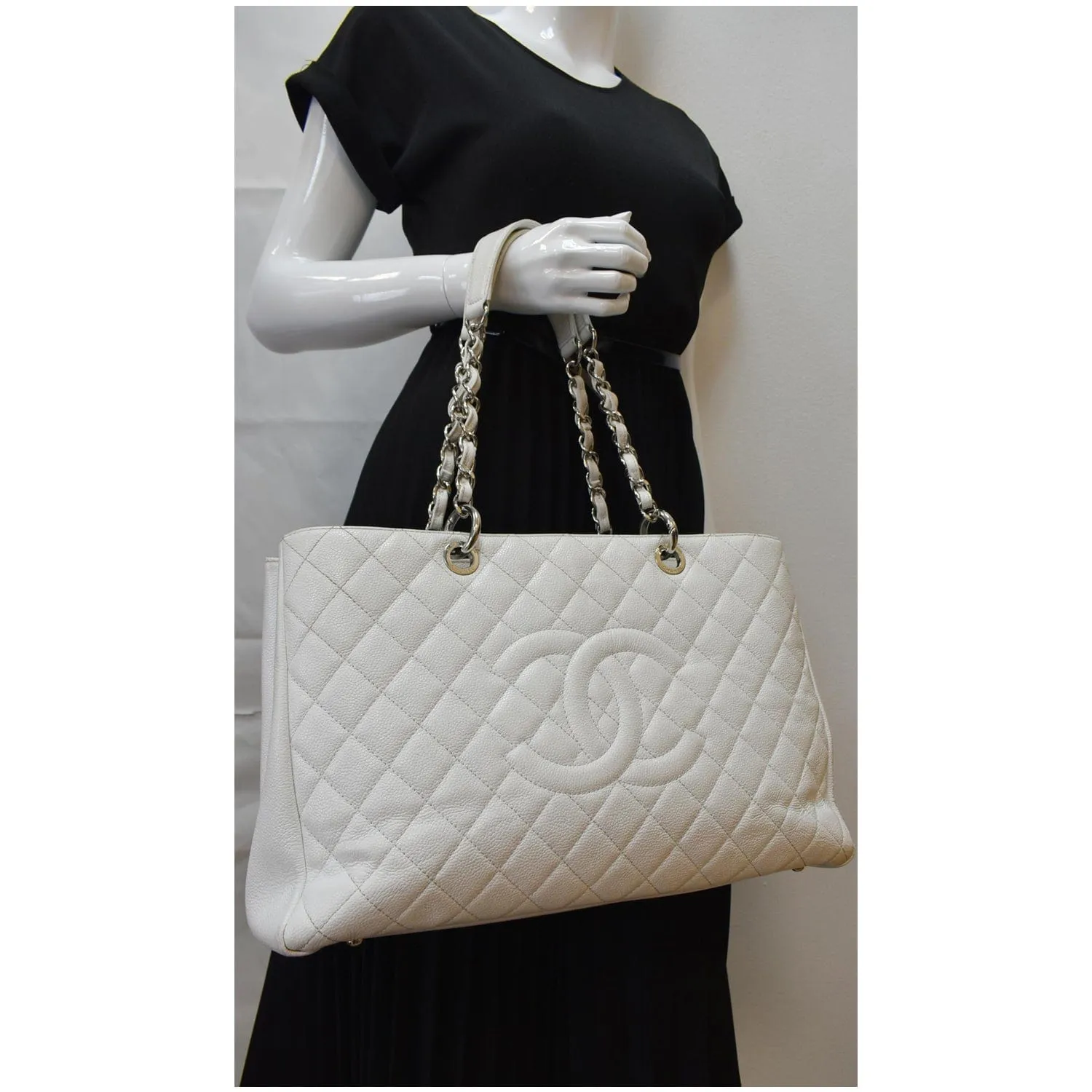 CHANEL XL Grand Quilted Caviar Leather Shopping Tote Bag White