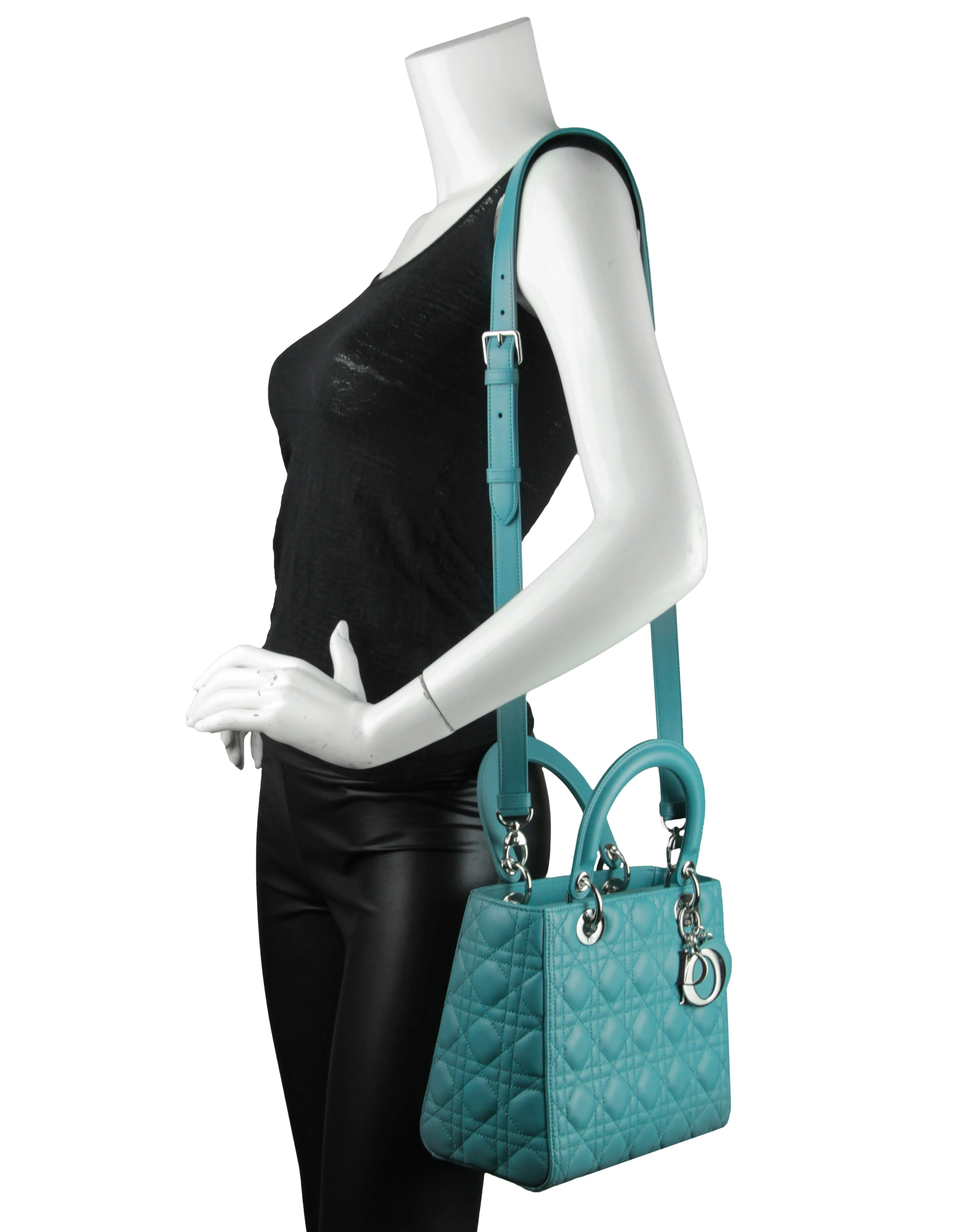 Christian Dior Blue Leather Cannage Quilted Medium Lady Dior Bag