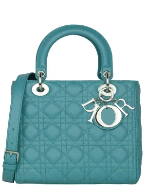 Christian Dior Blue Leather Cannage Quilted Medium Lady Dior Bag