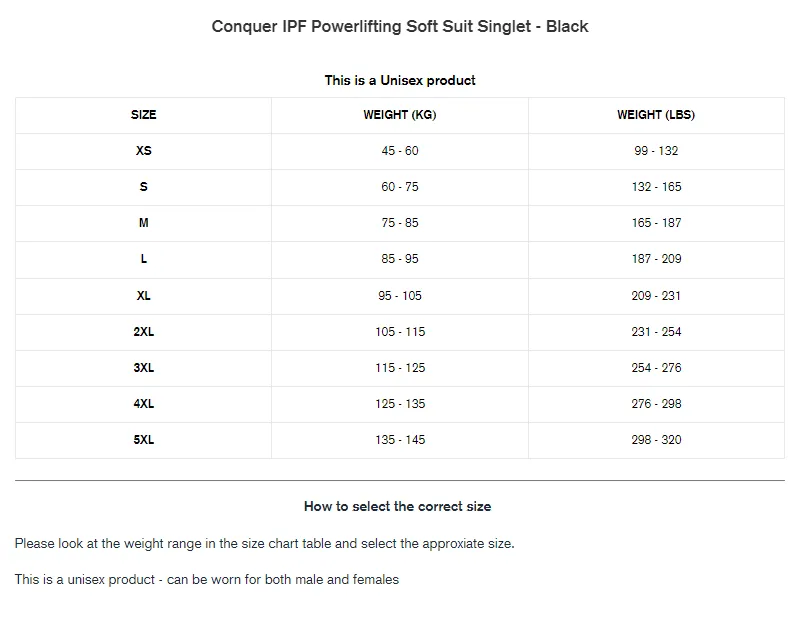 Conquer IPF Powerlifting Soft Suit Singlet - Black