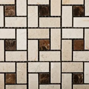 Crema Marfil Polished Pinwheel Mosaic w/ Emperador Dark Dots - Box of 5 sq. ft.