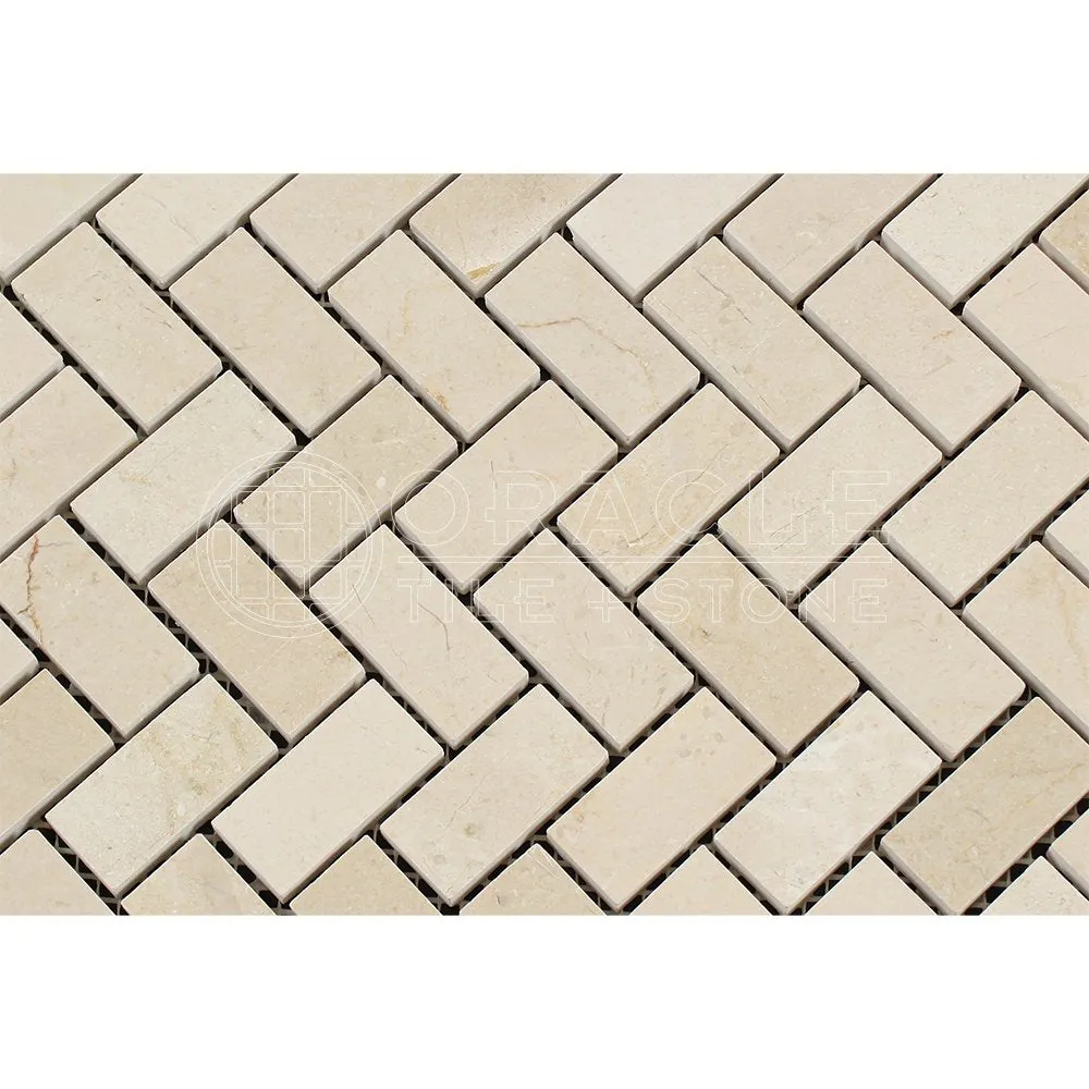 Crema Marfil Spanish Marble 1 X 2 Herringbone Mosaic Tile, Polished