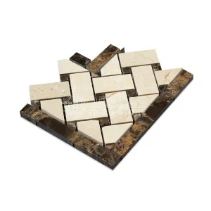 Crema Marfil Spanish Marble Basketweave Border Corner Tile with Emperador Dark Marble Dots, Polished