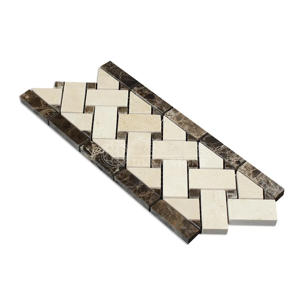 Crema Marfil Spanish Marble Basketweave Border Mosaic Tile with Emperador Dark Marble Dots, Polished