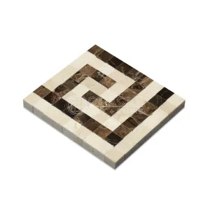 Crema Marfil Spanish Marble Greek Key Border Corner with Emperador Dark Marble, Polished