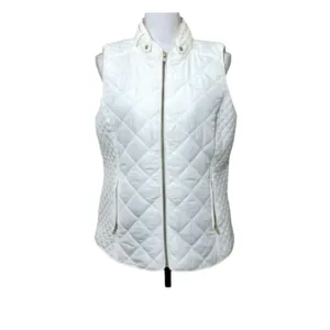 Crown &amp; Ivy White Quilted Puffer Vest Gold Zip up w/ Zip Pockets Collar Size XXL