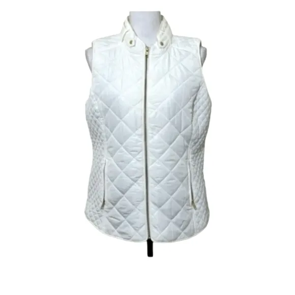 Crown &amp; Ivy White Quilted Puffer Vest Gold Zip up w/ Zip Pockets Collar Size XXL