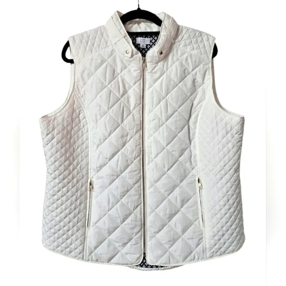 Crown &amp; Ivy White Quilted Puffer Vest Gold Zip up w/ Zip Pockets Collar Size XXL