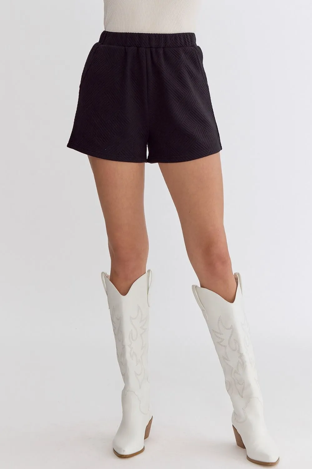 Daisy Textured High-Waisted Shorts Featuring Elastic Waistband In Black