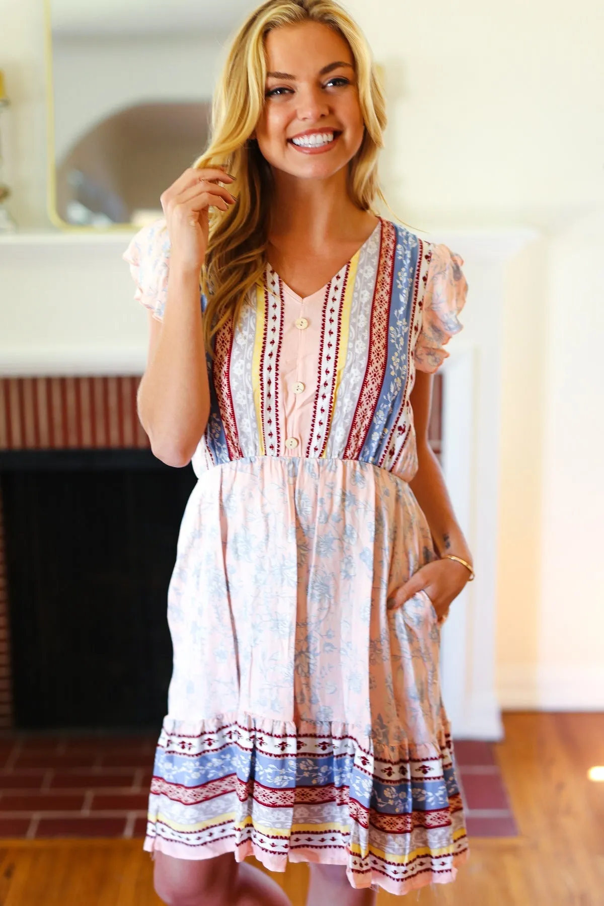 DOORBUSTER: Peach Boho Floral Button Detail V Neck Ruffle Dress (Ships in 1-2 Weeks)