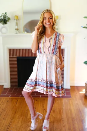 DOORBUSTER: Peach Boho Floral Button Detail V Neck Ruffle Dress (Ships in 1-2 Weeks)